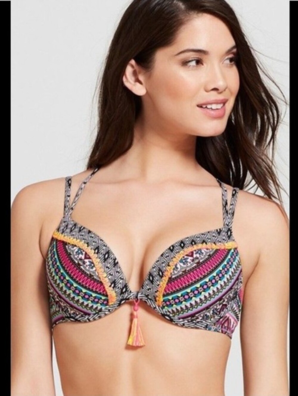 Shade & Shore Push-Up Bikini Top 36D Boho Tribal Pink Multicolor Tassel Tie Swim